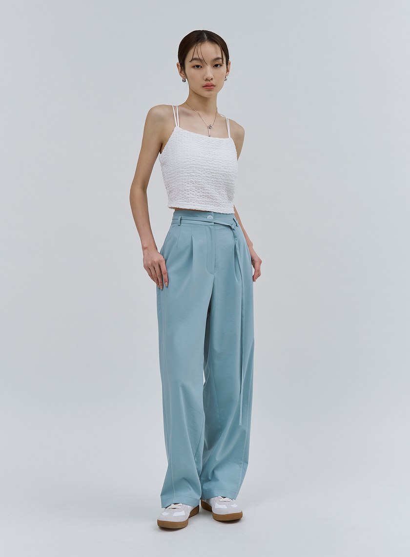 唯美湖水藍輕挺綁帶寬褲