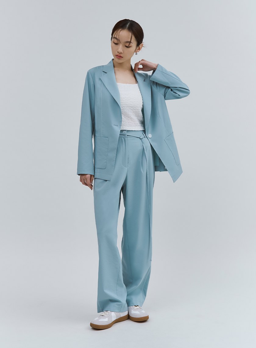 唯美湖水藍輕挺綁帶寬褲