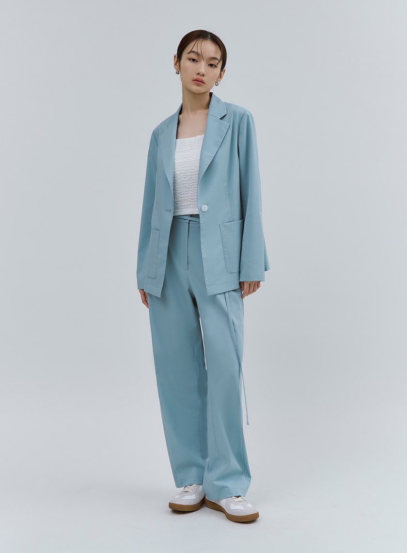 唯美湖水藍輕挺綁帶寬褲