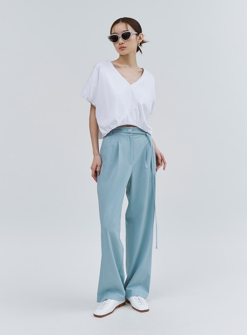 唯美湖水藍輕挺綁帶寬褲