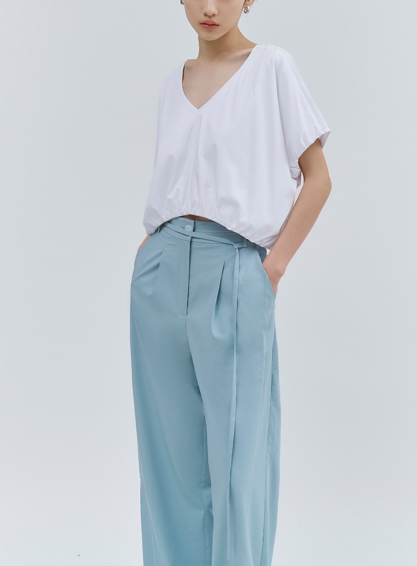 唯美湖水藍輕挺綁帶寬褲