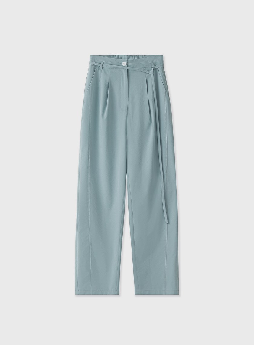 唯美湖水藍輕挺綁帶寬褲