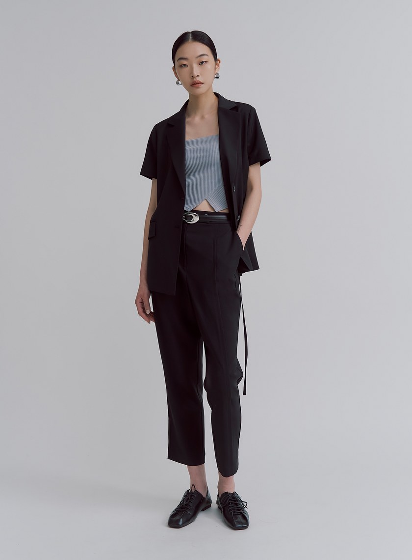 修身不對稱平塔克錐形褲