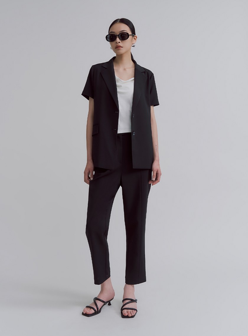 修身不對稱平塔克錐形褲