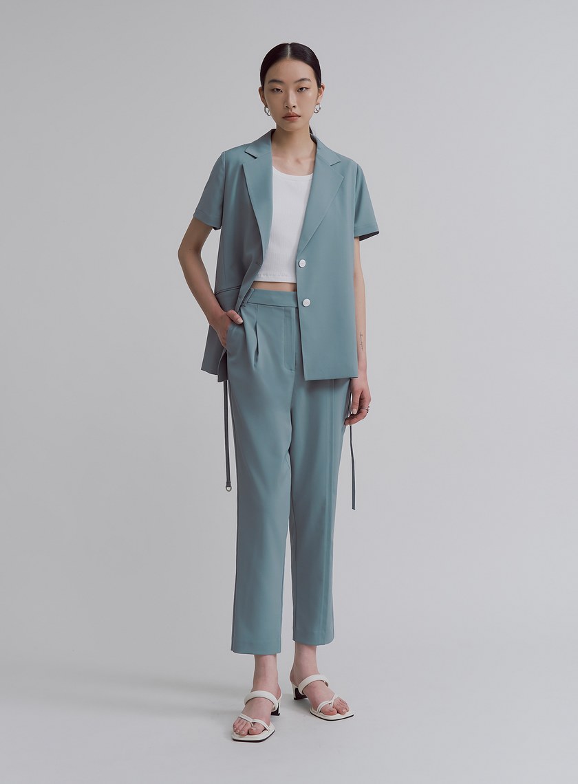 修身不對稱平塔克錐形褲