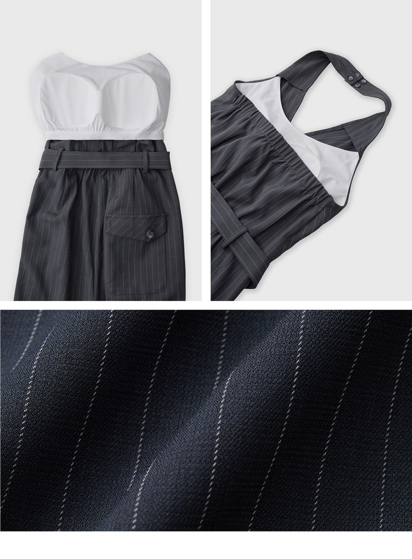 細條紋繞脖露背BRA連身褲