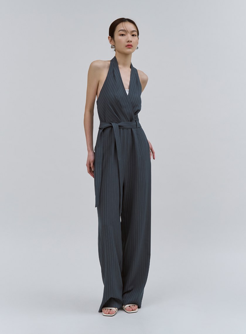 細條紋繞脖露背BRA連身褲