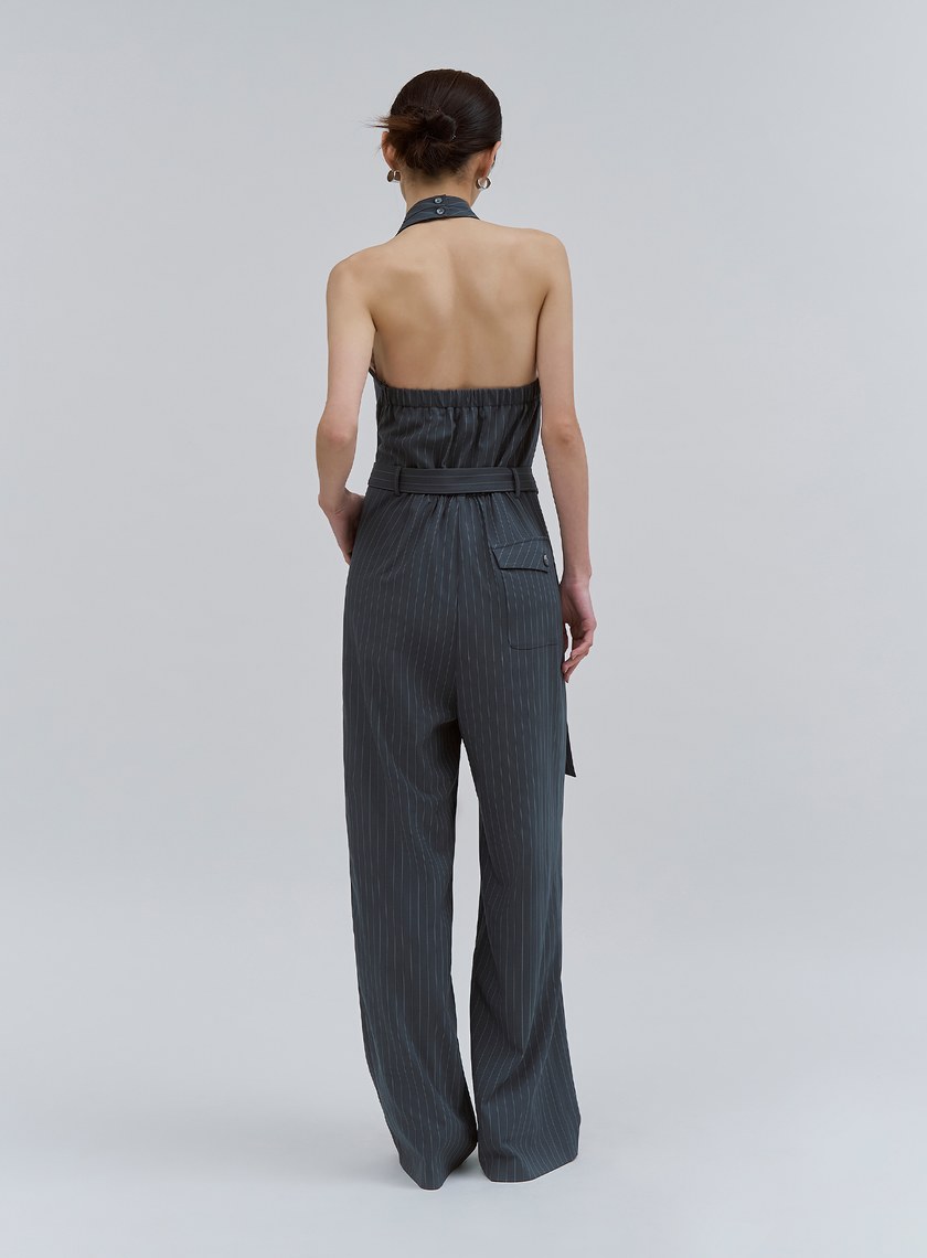 細條紋繞脖露背BRA連身褲