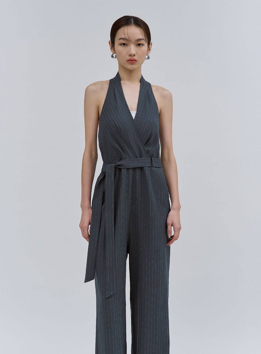 細條紋繞脖露背BRA連身褲