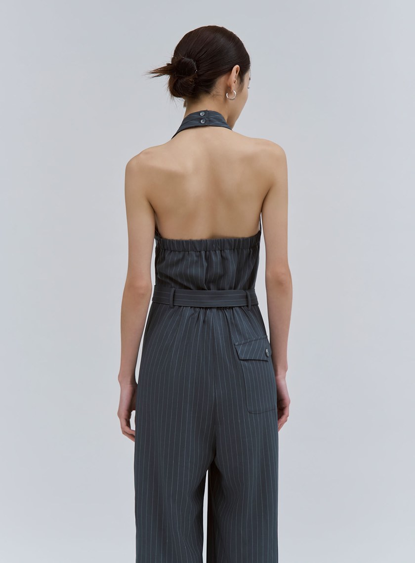 細條紋繞脖露背BRA連身褲