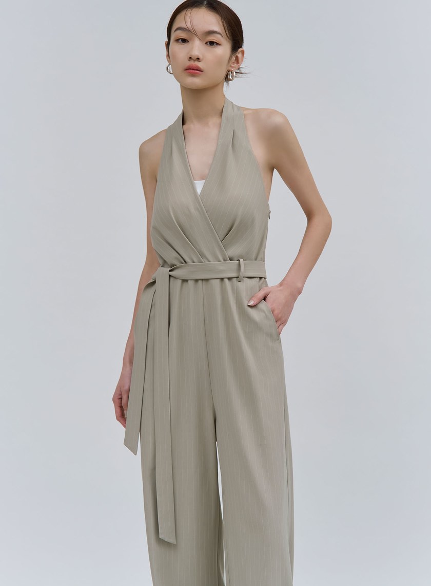 細條紋繞脖露背BRA連身褲