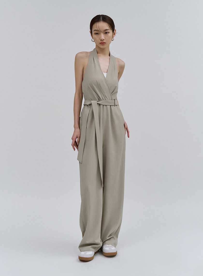 細條紋繞脖露背BRA連身褲