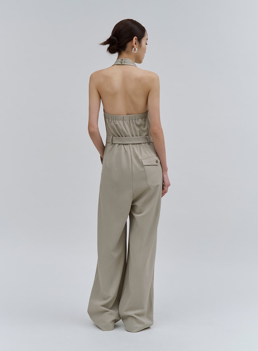 細條紋繞脖露背BRA連身褲