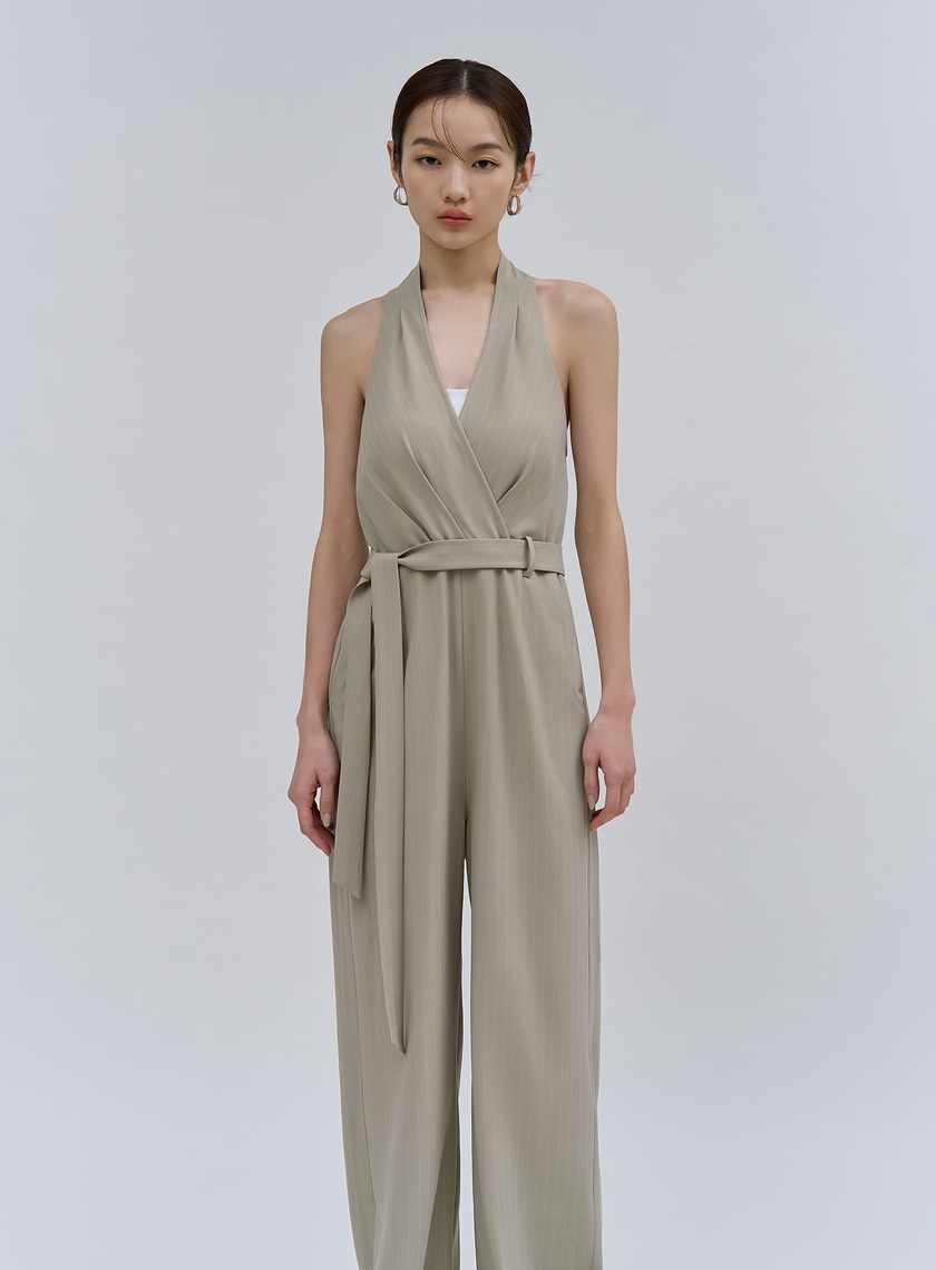 細條紋繞脖露背BRA連身褲