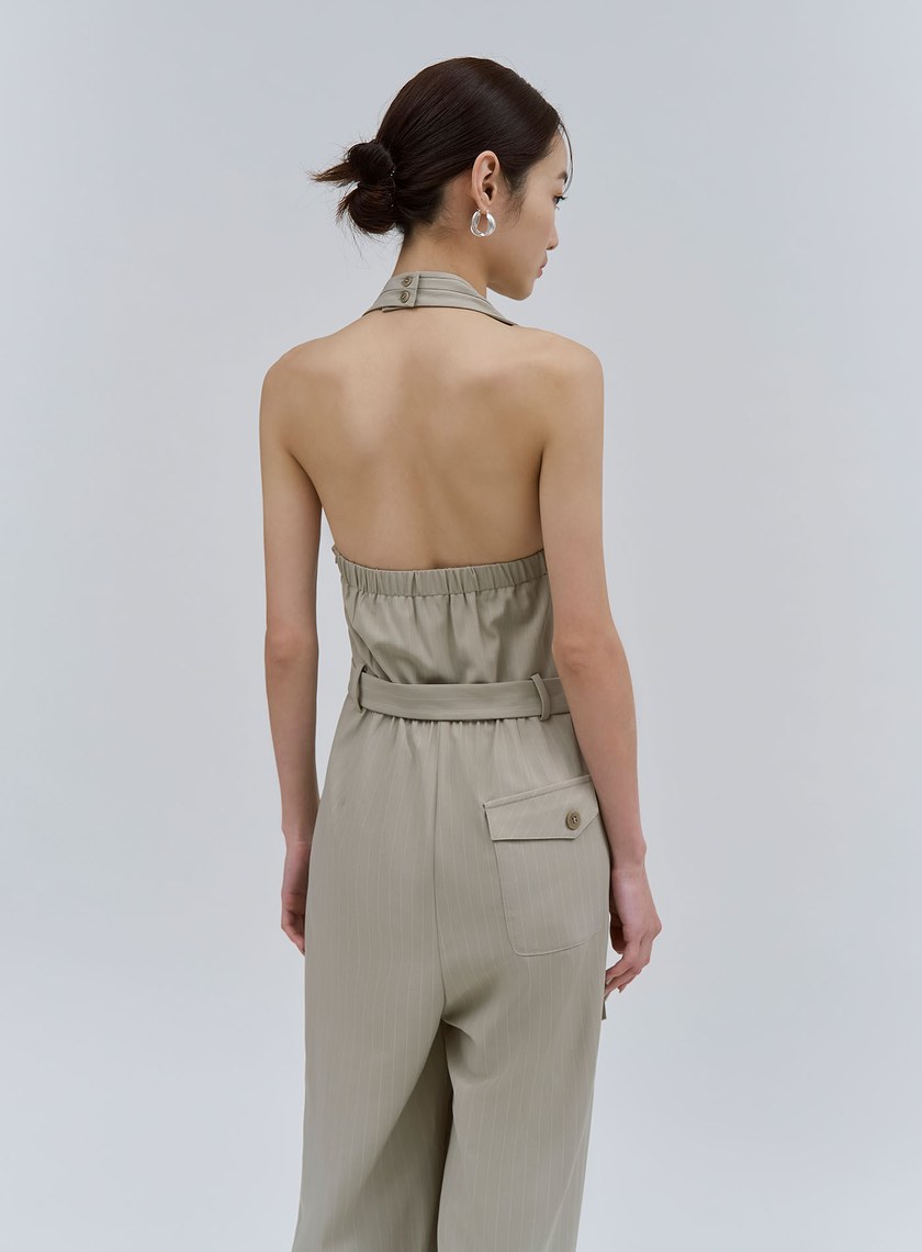 細條紋繞脖露背BRA連身褲