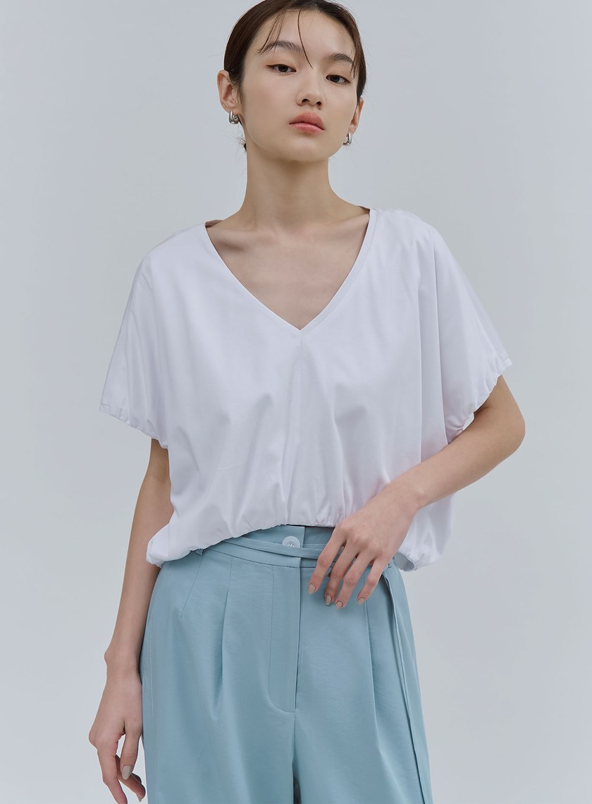 V領下擺抽皺短版上衣
