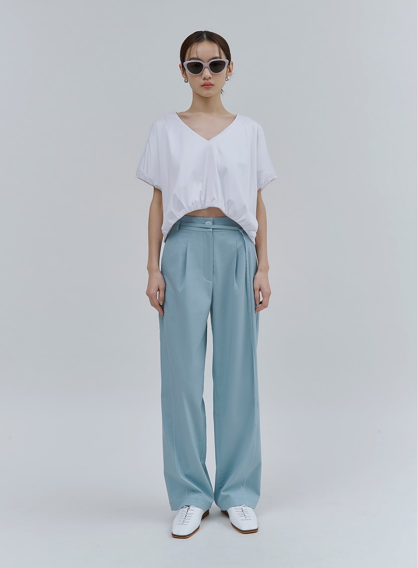 V領下擺抽皺短版上衣