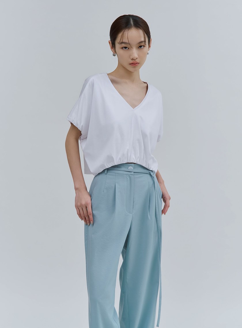 V領下擺抽皺短版上衣