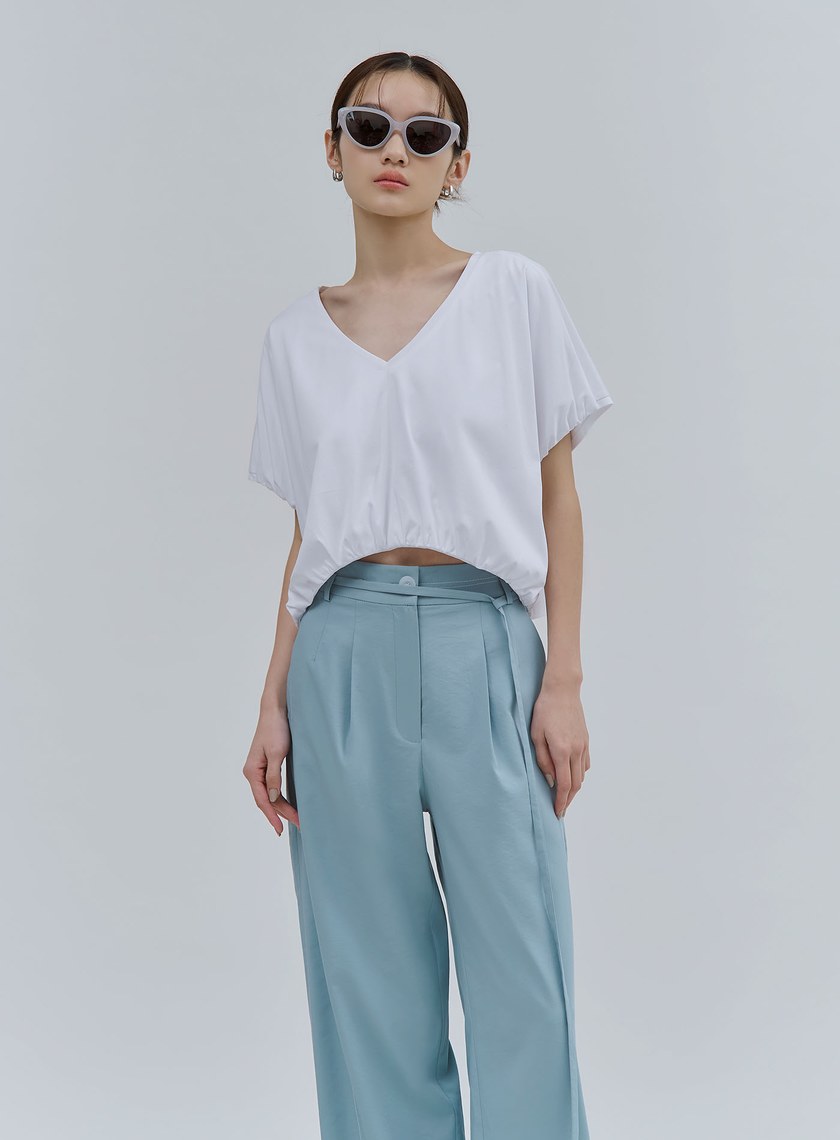 V領下擺抽皺短版上衣