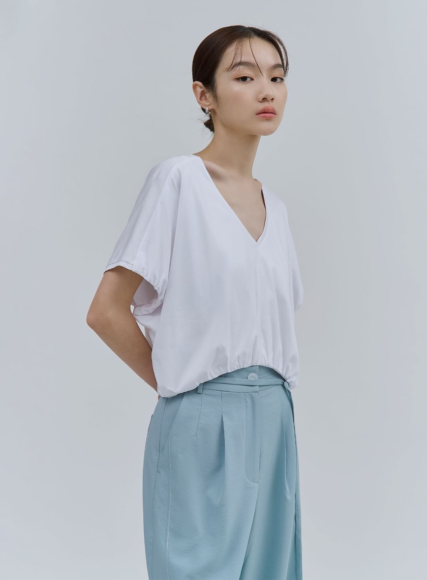 V領下擺抽皺短版上衣