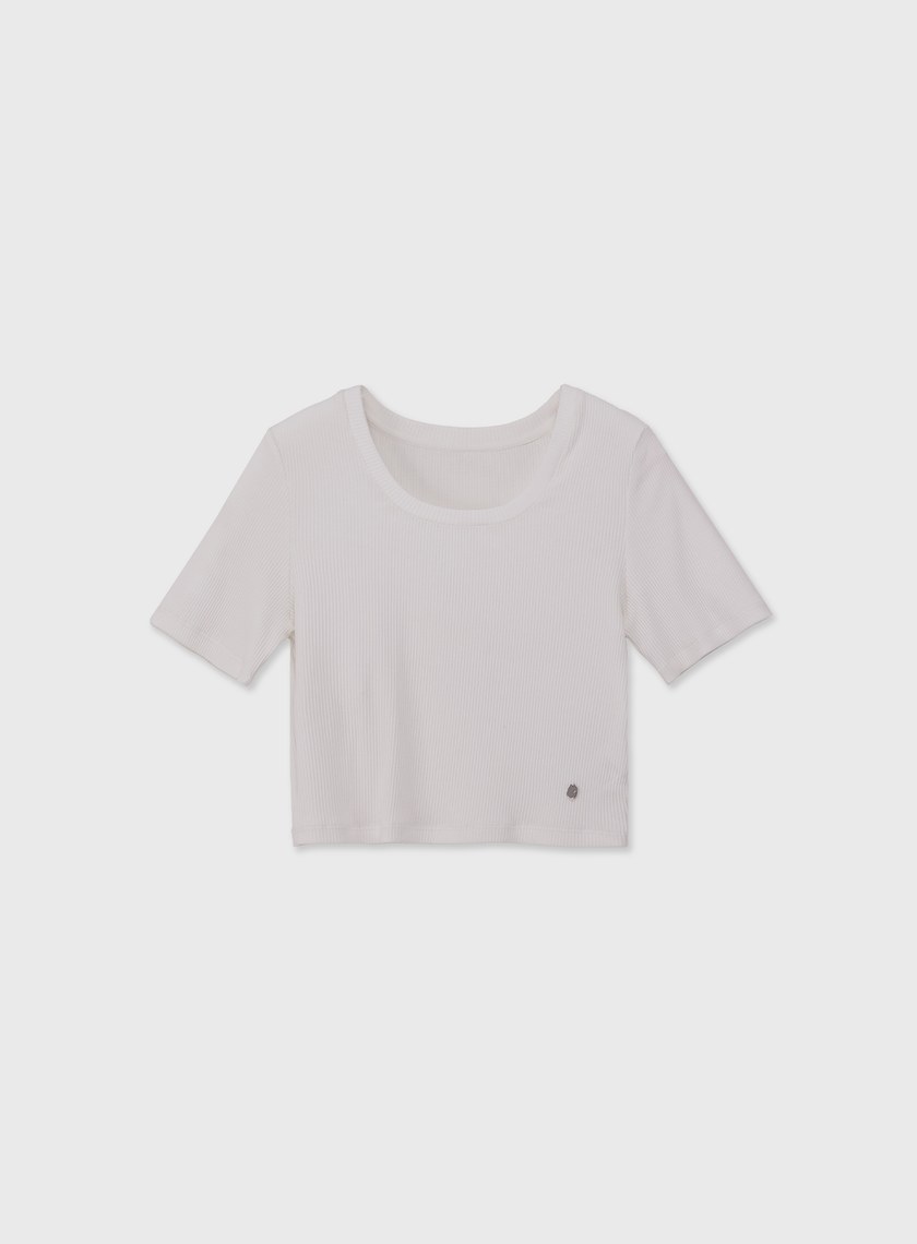 日常圓領細坑條短版上衣