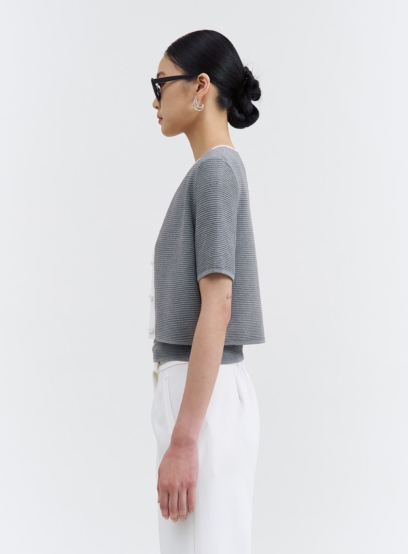 圓領坑條短袖針織罩衫