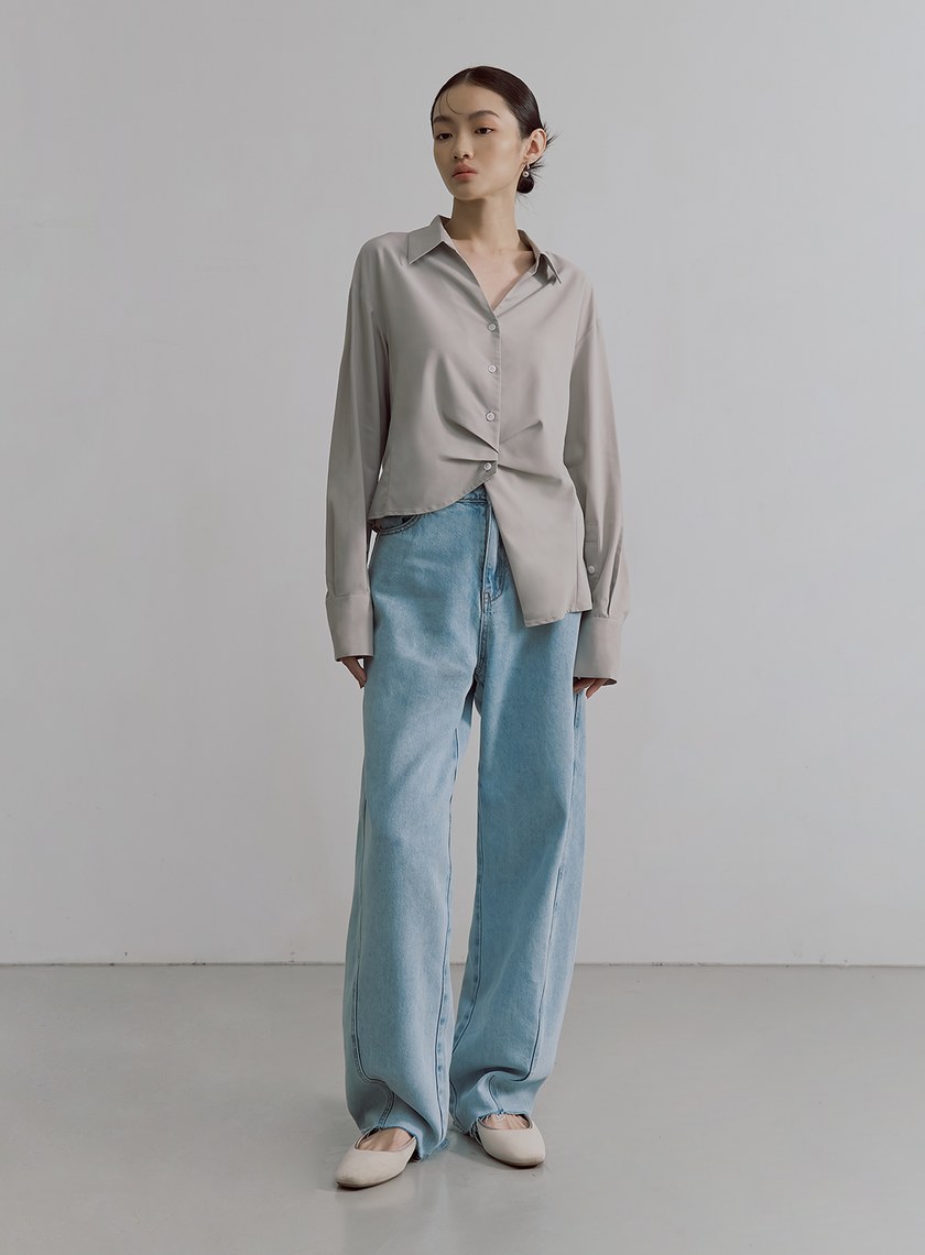 不對稱打褶設計長袖襯衫