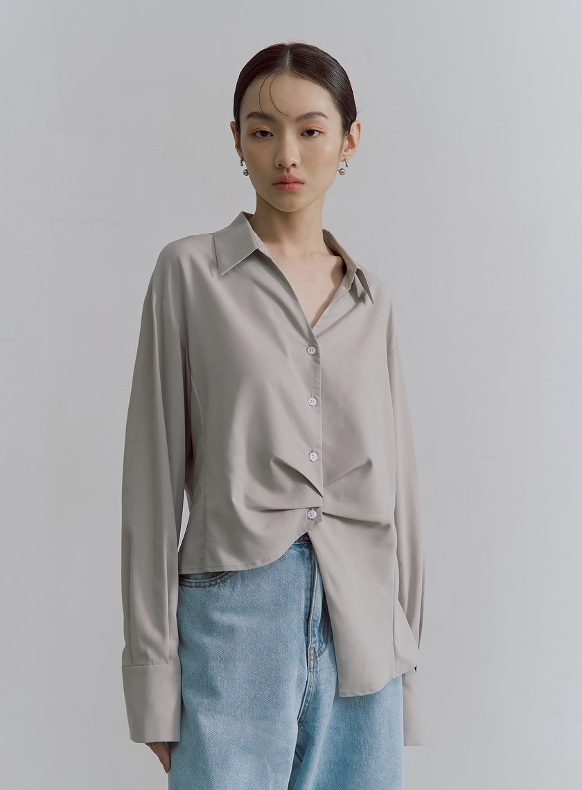 不對稱打褶設計長袖襯衫