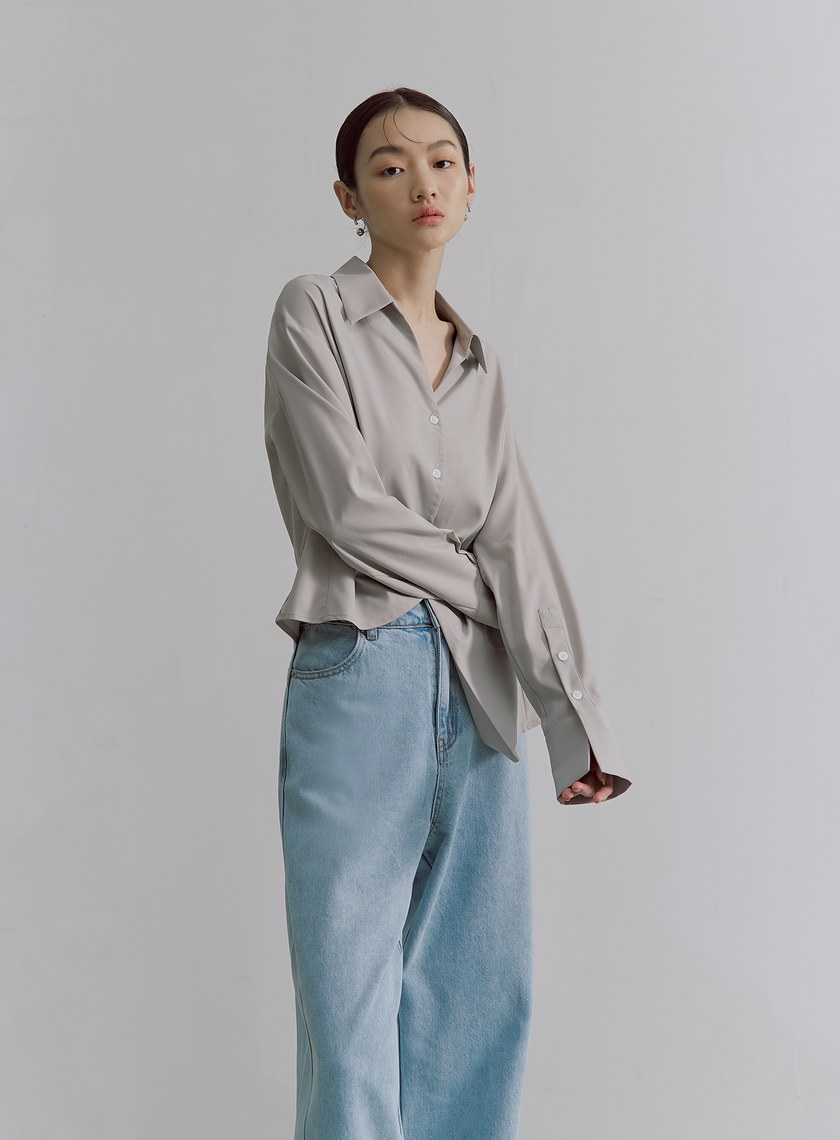 不對稱打褶設計長袖襯衫