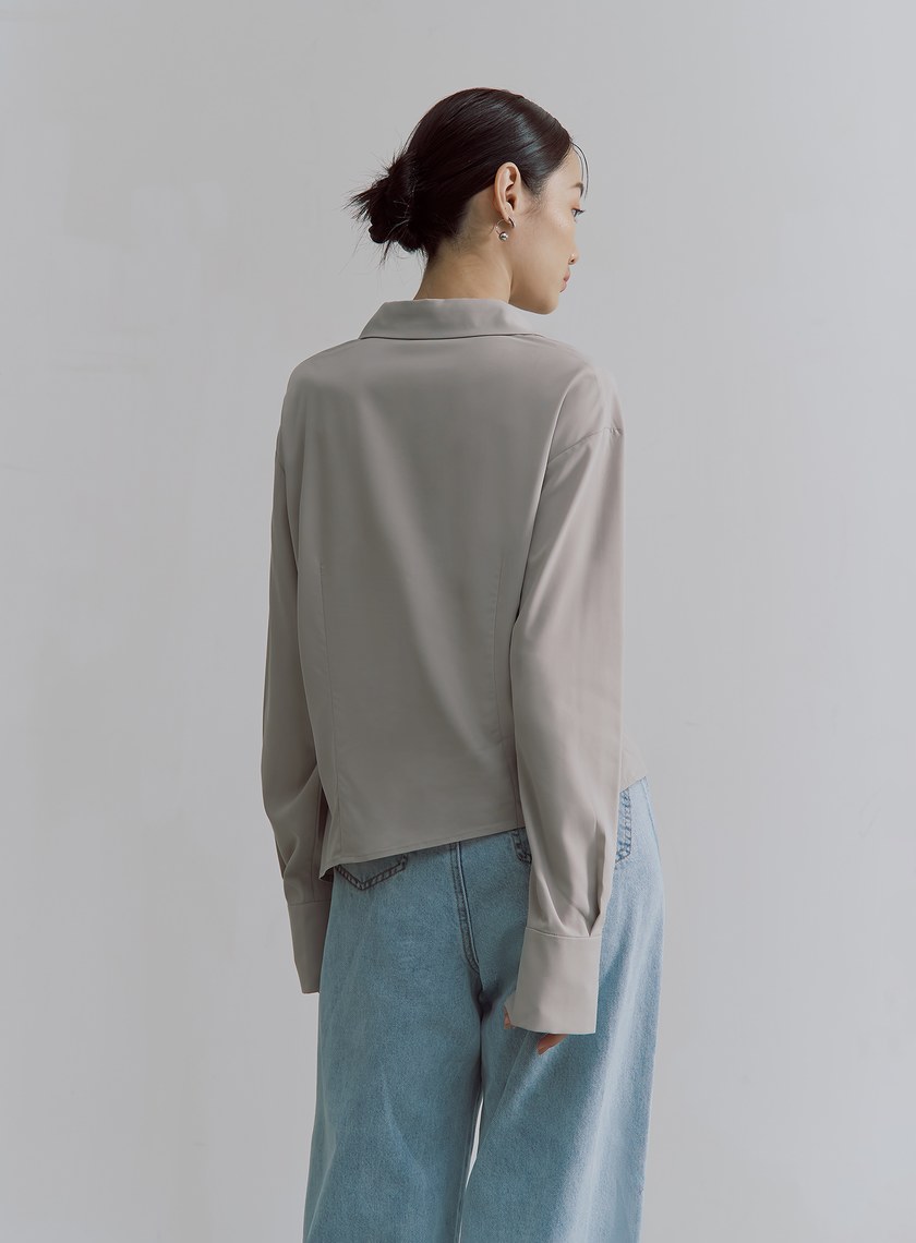 不對稱打褶設計長袖襯衫