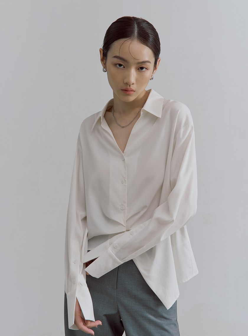 不對稱打褶設計長袖襯衫