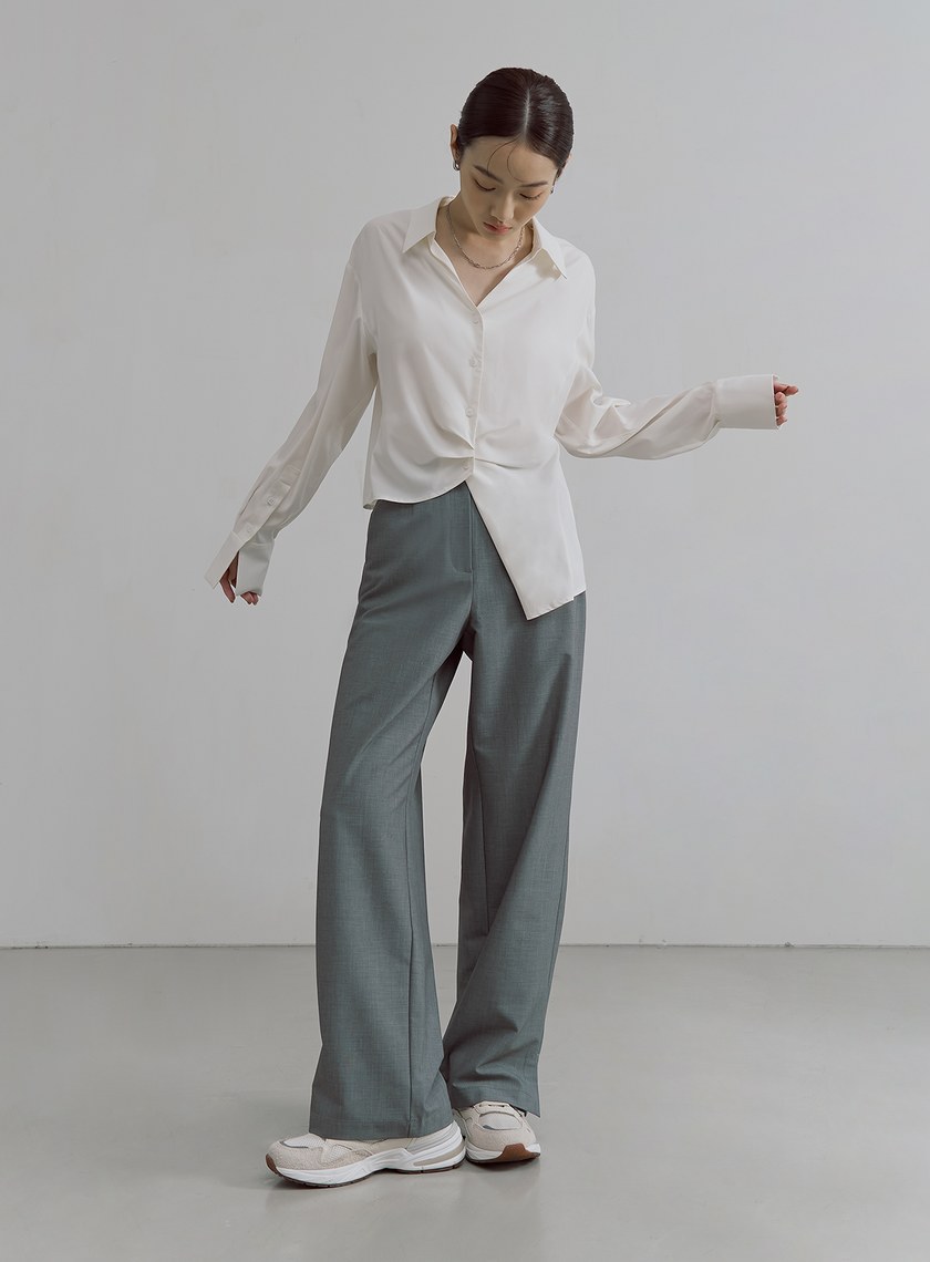 不對稱打褶設計長袖襯衫