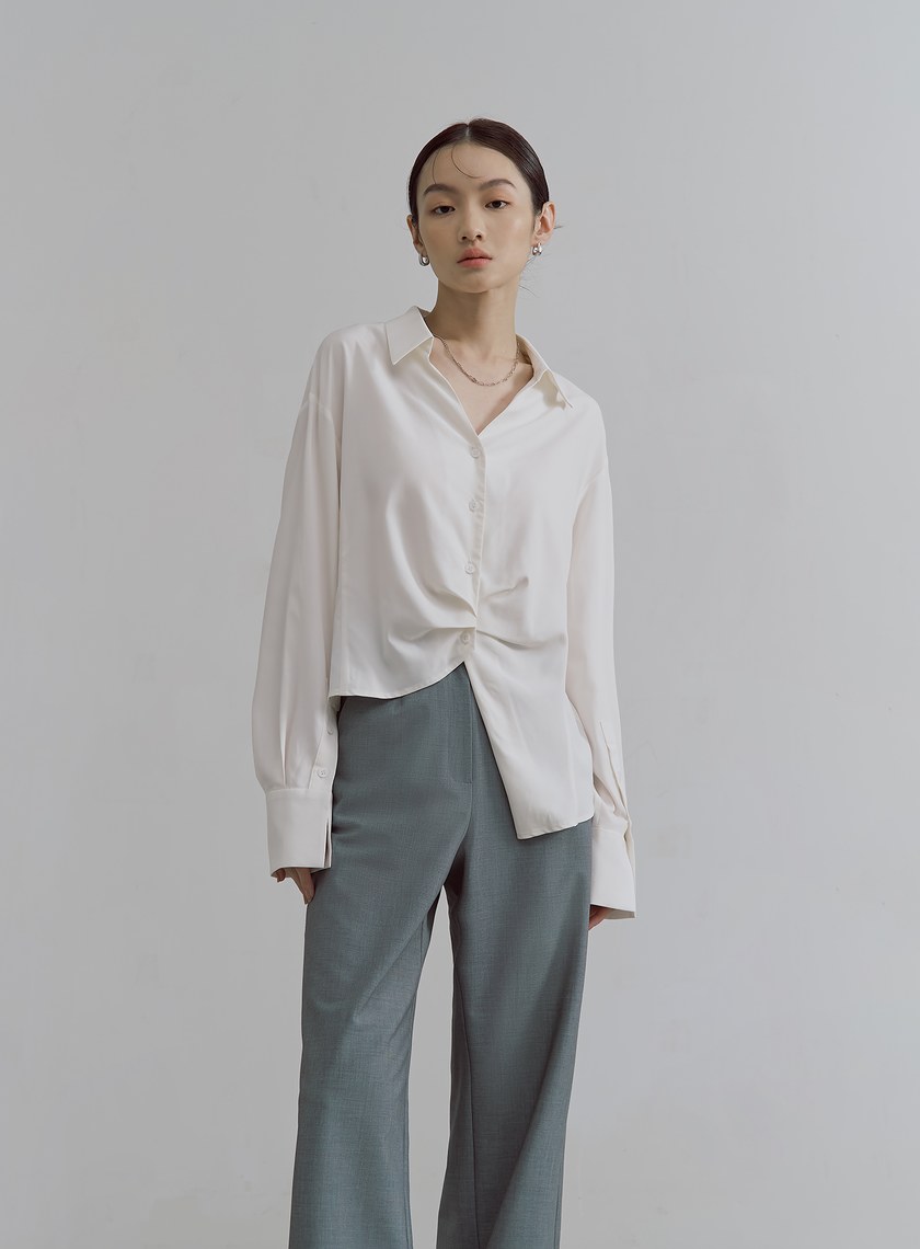 不對稱打褶設計長袖襯衫