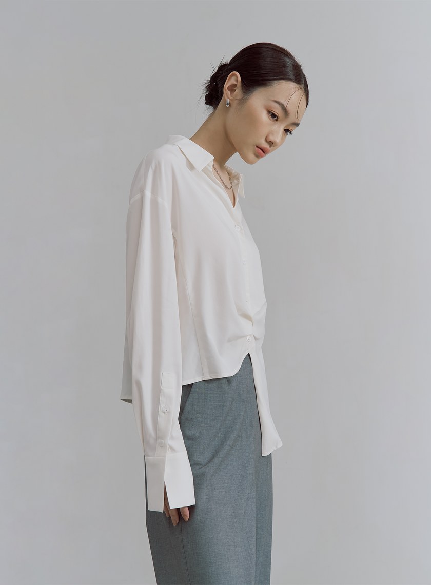 不對稱打褶設計長袖襯衫