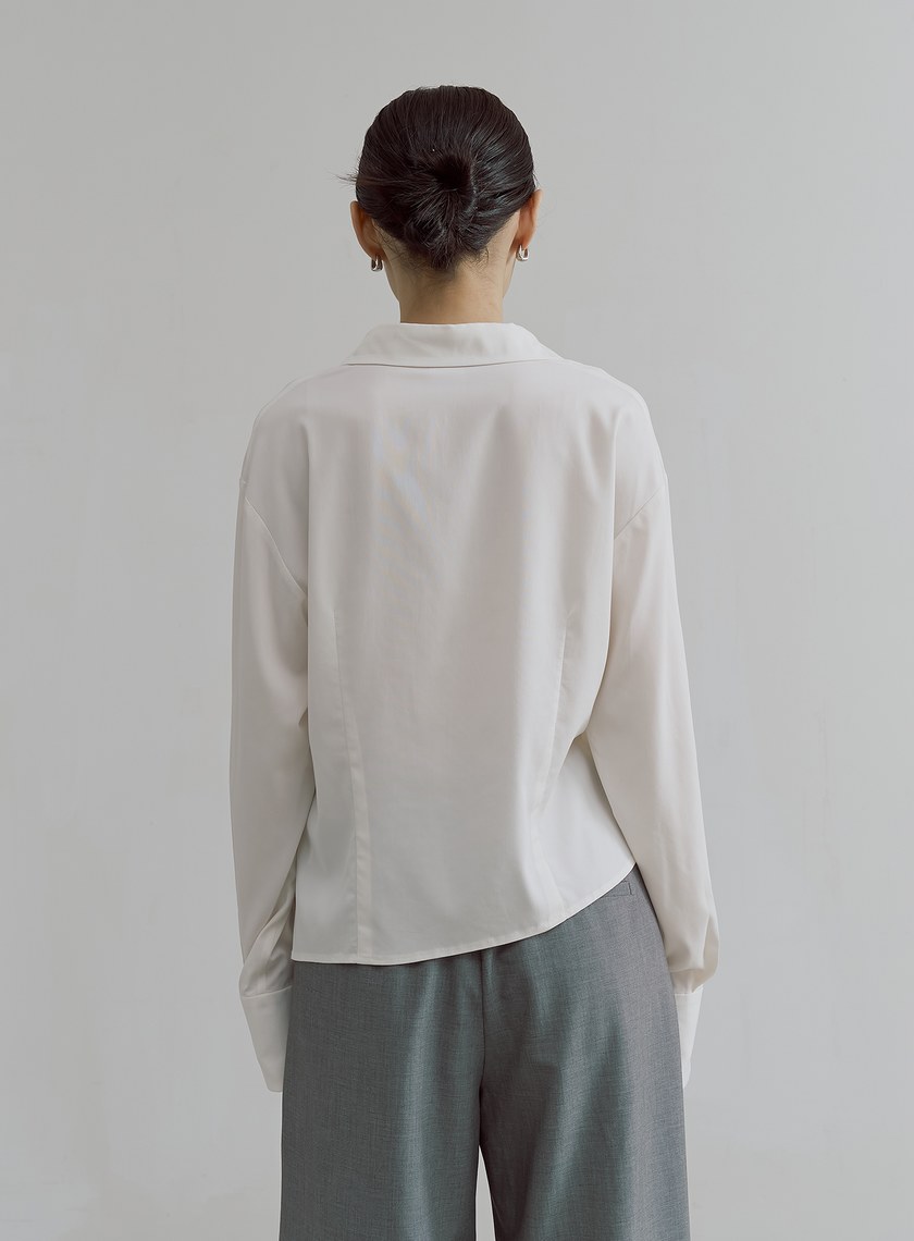 不對稱打褶設計長袖襯衫