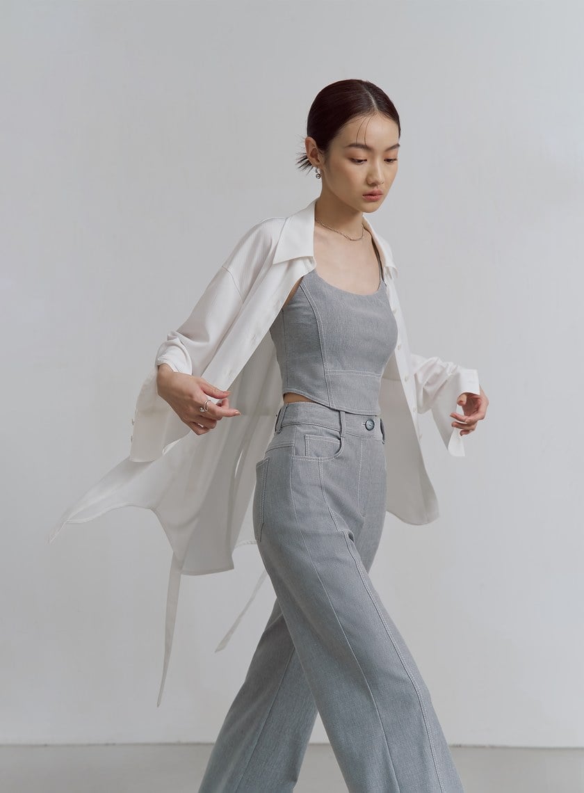 精緻飄逸綁帶長版襯衫