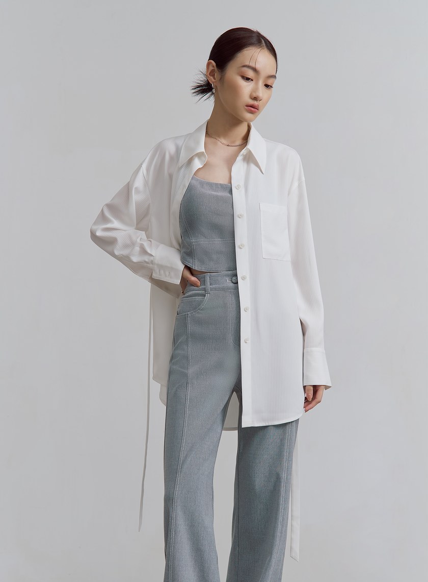 精緻飄逸綁帶長版襯衫