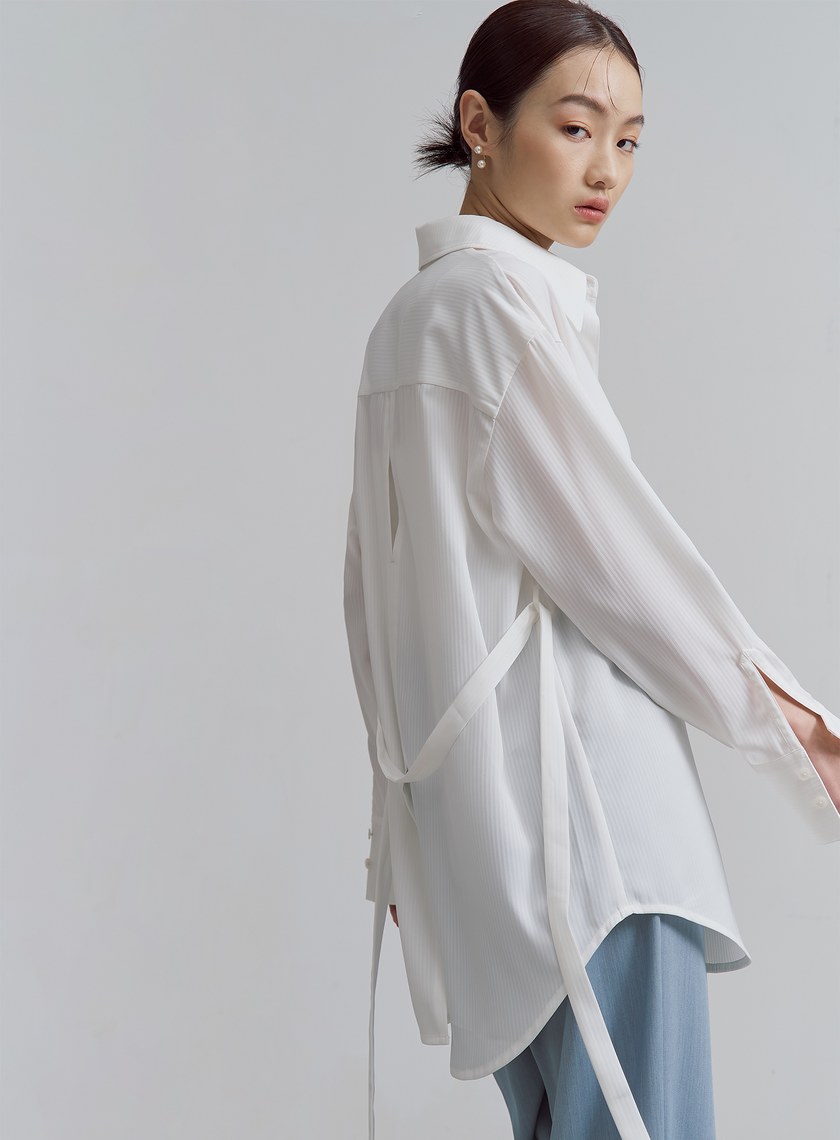 精緻飄逸綁帶長版襯衫