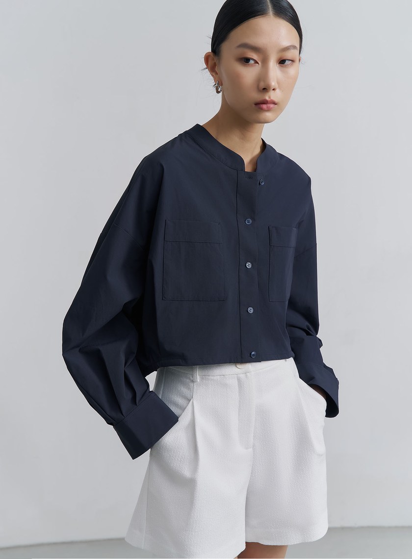 簡約挺闊小立領短版襯衫