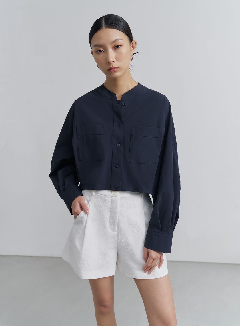 簡約挺闊小立領短版襯衫