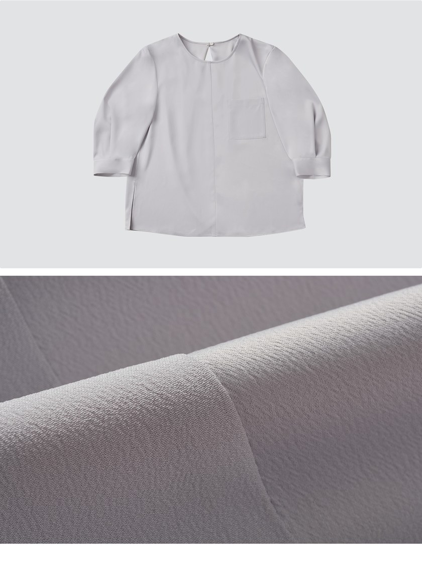 微光澤後壓褶五分袖上衣