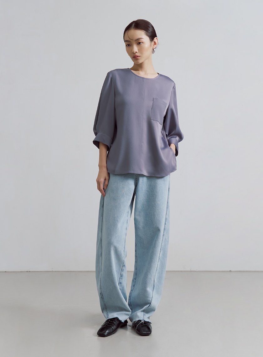 微光澤後壓褶五分袖上衣