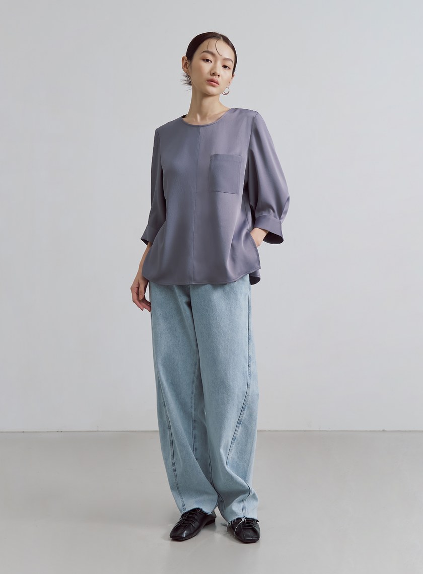 微光澤後壓褶五分袖上衣