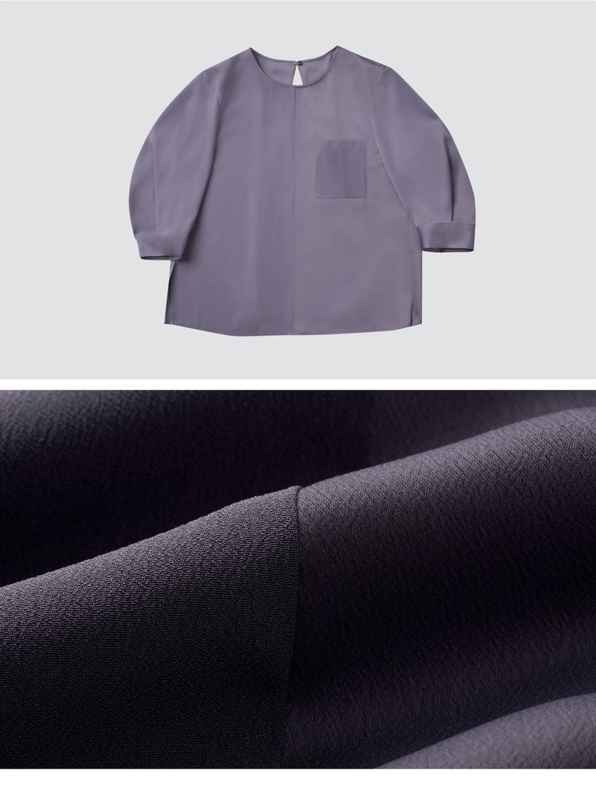 微光澤後壓褶五分袖上衣