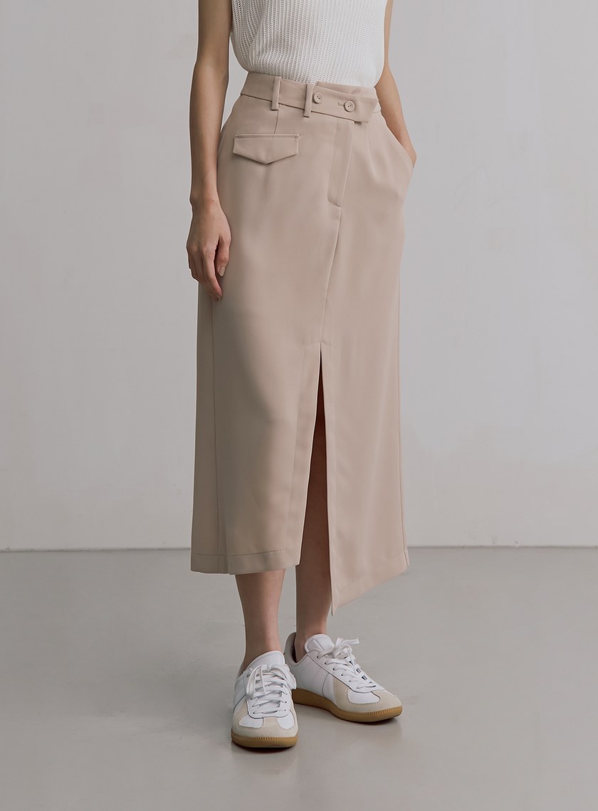 垂墜斜交曡腰頭開衩中長裙