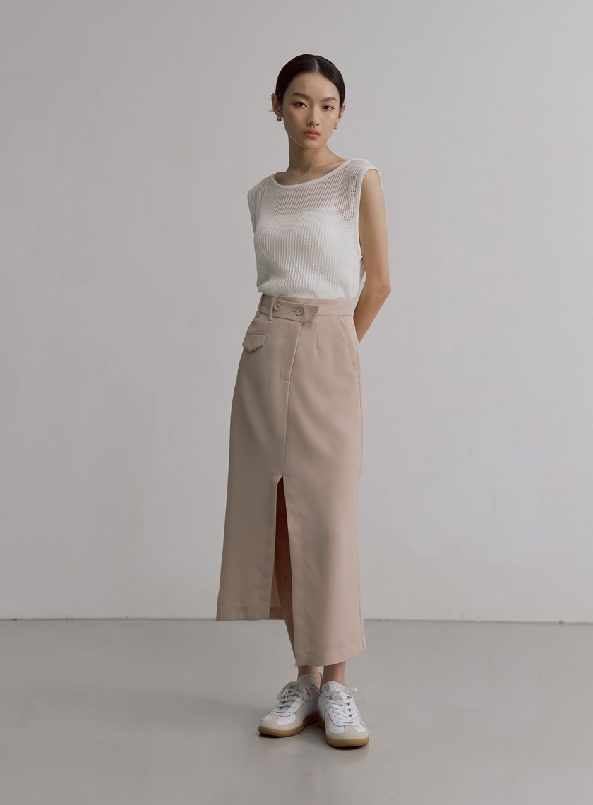 垂墜斜交曡腰頭開衩中長裙