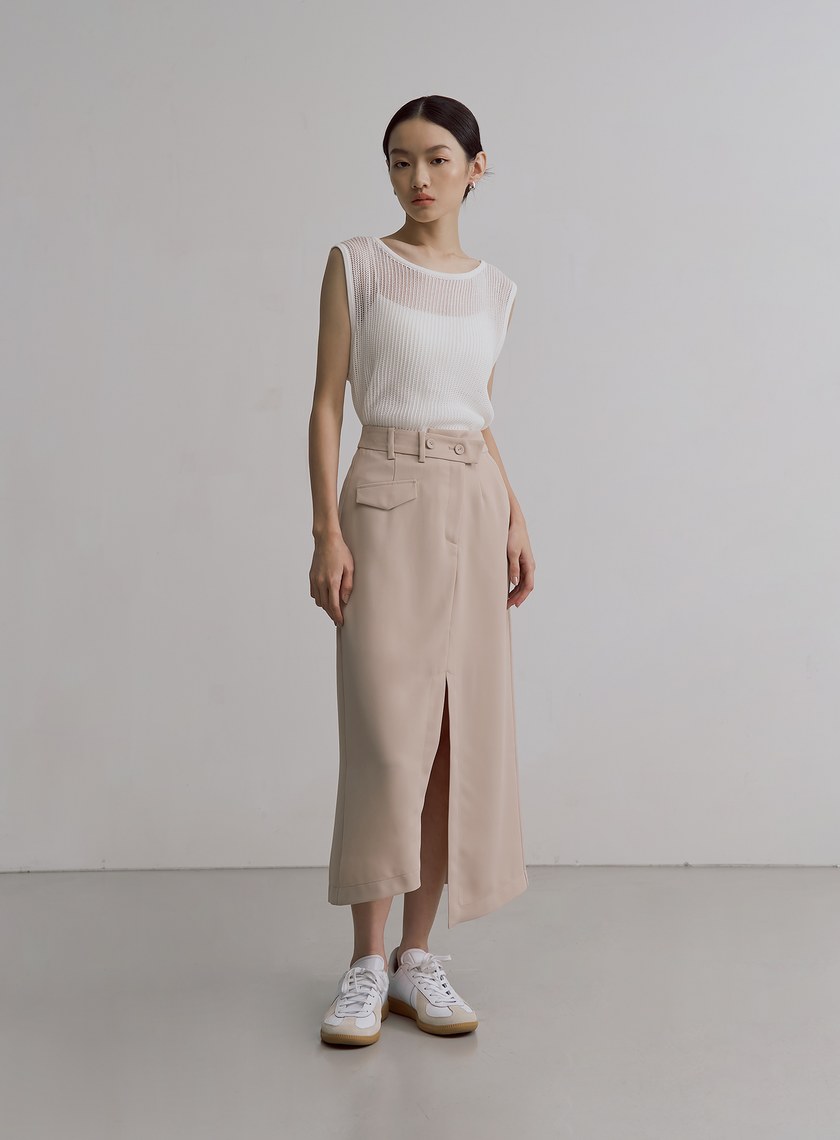 垂墜斜交曡腰頭開衩中長裙