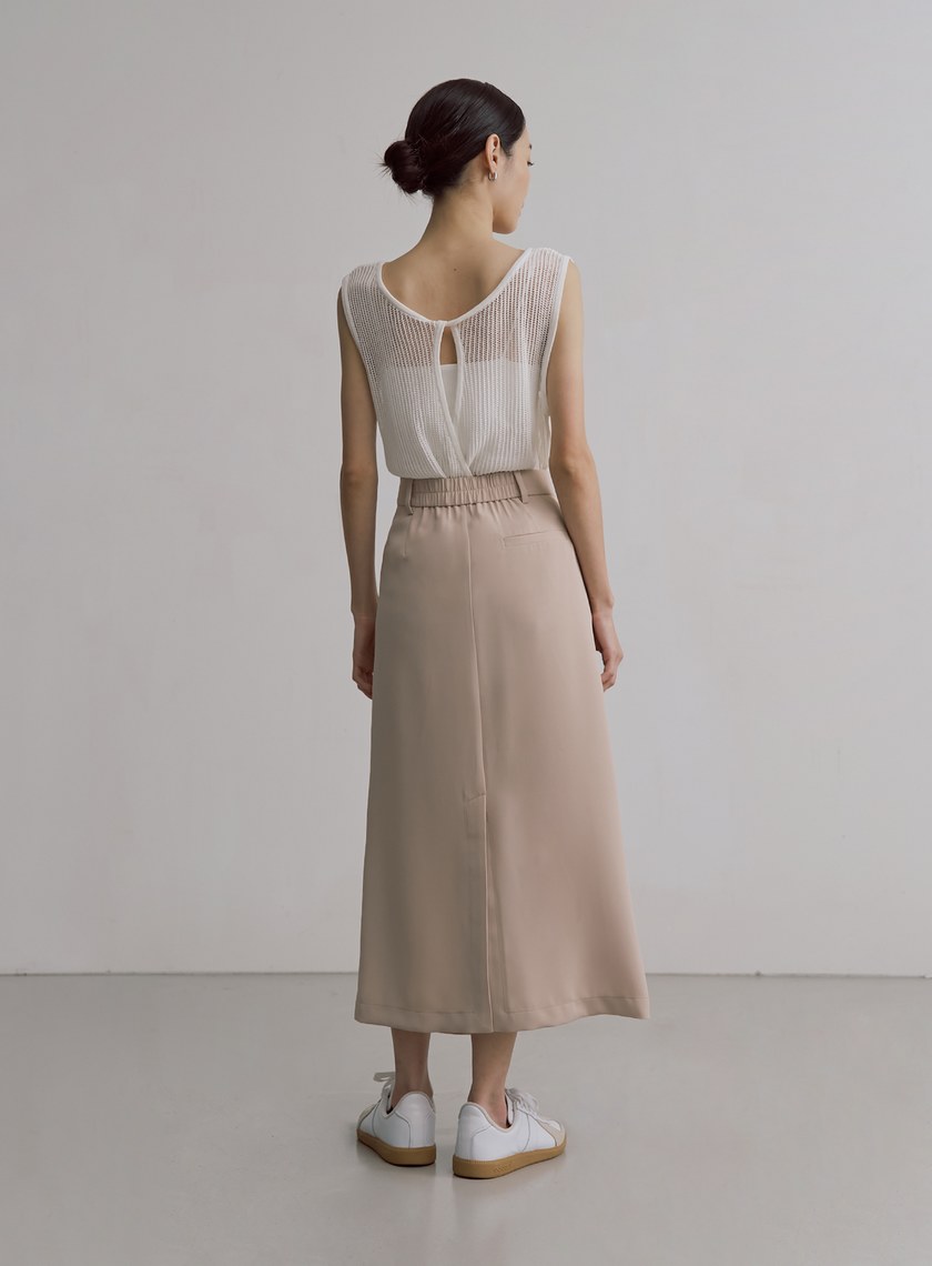 垂墜斜交曡腰頭開衩中長裙