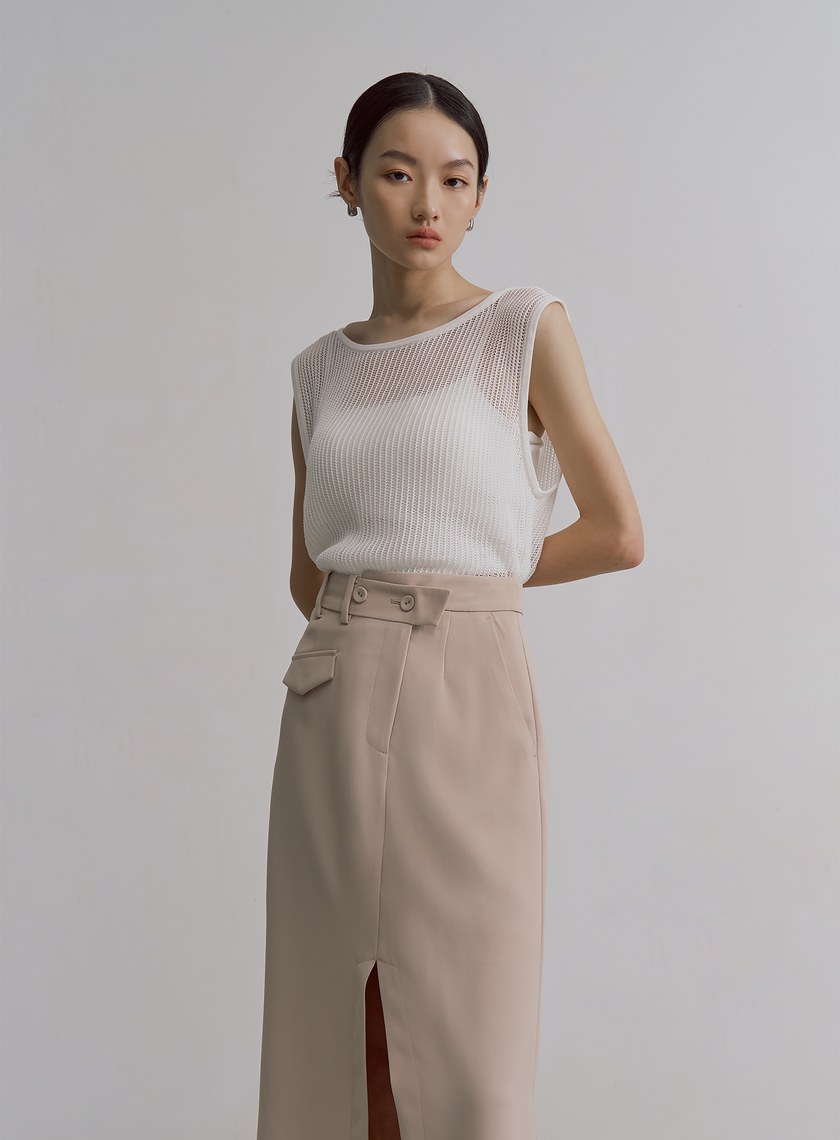 垂墜斜交曡腰頭開衩中長裙