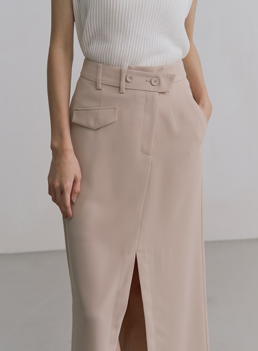 垂墜斜交曡腰頭開衩中長裙